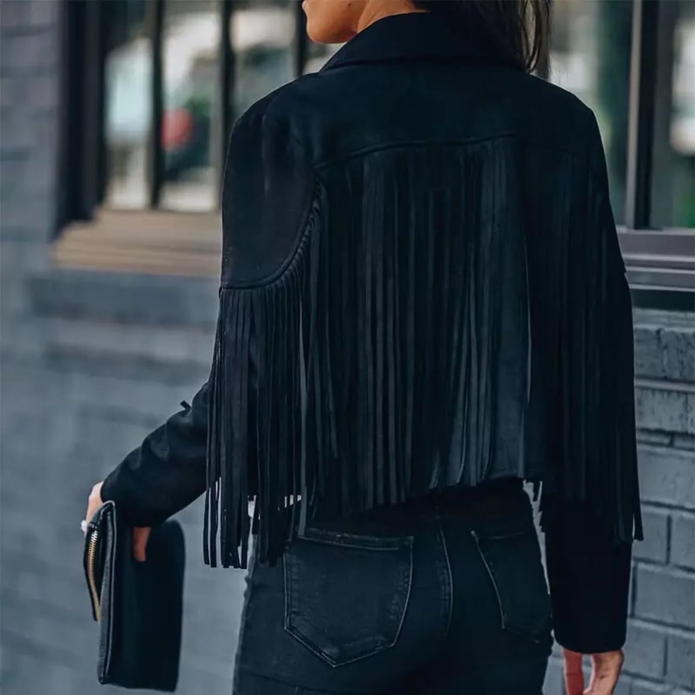 Black Tassel suede boho festival fringe jacket long sleeve jacket - Picture 7 of 9